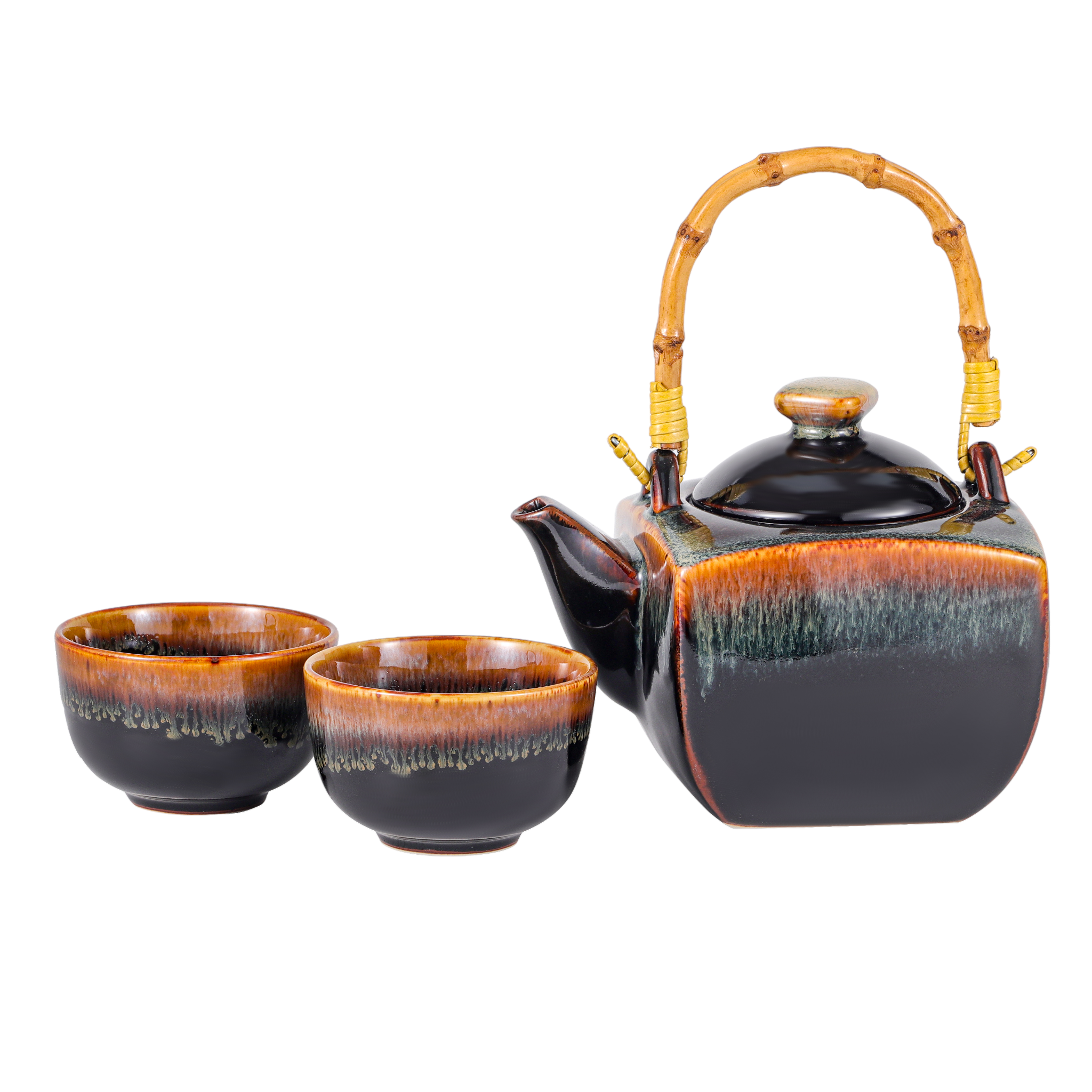 Teapot, with Infuser & 2 Cups, Dark Brown Porcelain