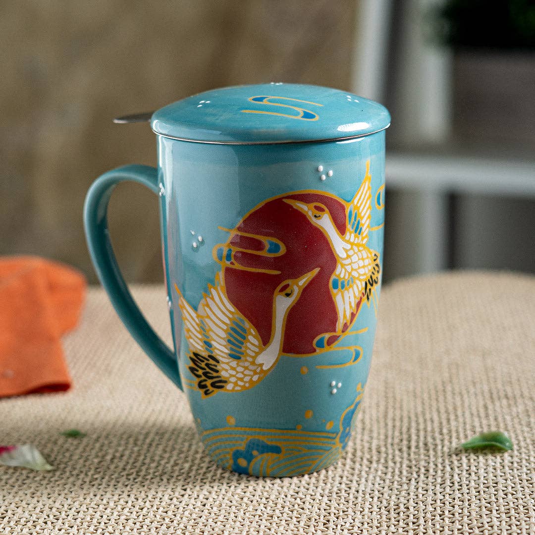 Japanese Crane Design 15oz Tea Mug, Lid, Infuser