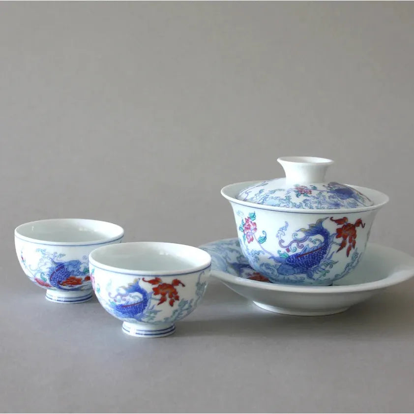 Gaiwan + 2 tasses, motif grue